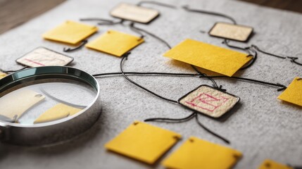 A magnifying glass placed on a complex flowchart, highlighting a critical section - research closeup flowchart