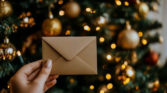 Hand holding a brown envelope in front of a decorated Christmas tree with glowing golden lights
