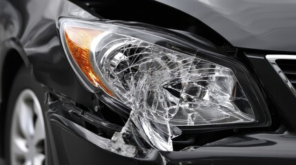 Close up of a damaged car's headlight assembly after a collision - rear shattered cracked car parts bumper