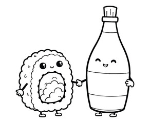 Cute Sushi Roll Holding Hands with a Happy Soy Sauce Bottle, Both Blushing coloring page