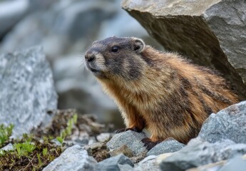 A curious marmot peeks out from rocky terrain, blending with the natural habitat.