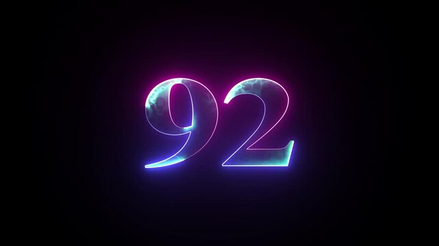 Abstract glowing neon number "92'' animation. Blue and purple neon futuristic effect. Trendy glow lighting