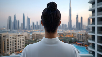 Woman in White Shirt Contemplating City Sunset from Balcony