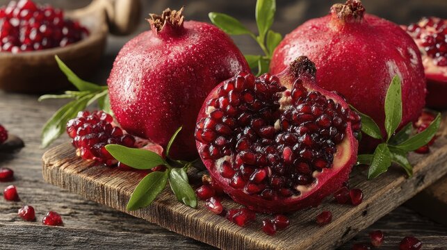 Juicy pomegranate cut open revealing vibr-2 - antioxidant fresh granada fruit sweet