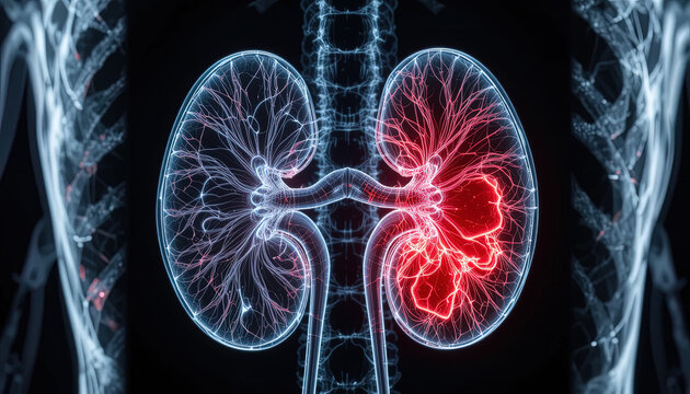 Visual representation of inflamed kidneys, highlighting potential disease or injury.