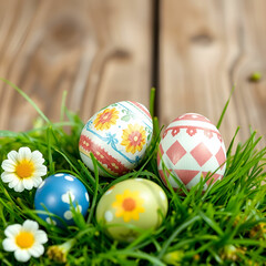 Decorative Easter eggs in grass on a wood background