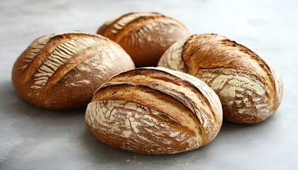 Various freshly baked bread loaves on grey table, close-up