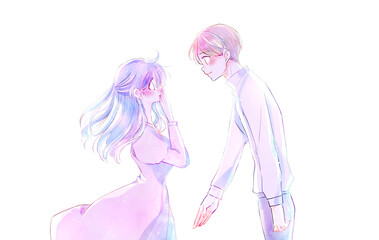 告白する男性と驚く女性　和やか　風　逆光