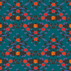 Bright seamless floral pattern of bouquets of flowers and berries, drawn in folk style on dark emerald background in vector. Beautiful print for fabric.