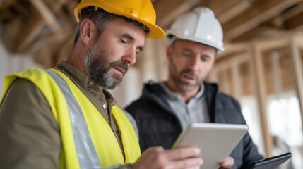 Construction workers are collaborating on project, using digital tablet to review plans and measurements. Their focus and teamwork highlight importance of technology in modern construction