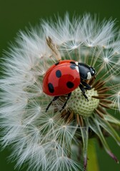 Obraz premium A ladybug crawling on a fluffy white dandelion captured in a vibrant macro nature photograph
