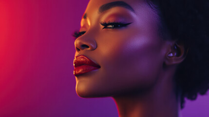 Radiant Beauty: A close-up shot of a gorgeous black woman's face, framed by stunning eye makeup and glossy red lips, illuminated by a vibrant, color-saturated background. 