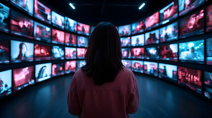 Woman Standing Before a Wall of Screens in a Dark Room