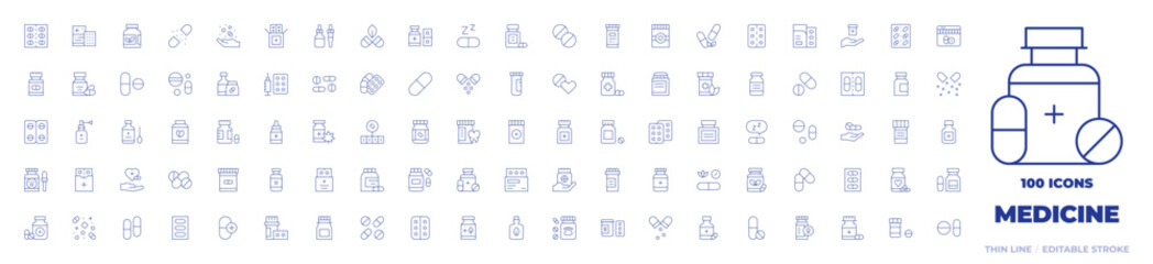 100 Medicine Icons Collection. Thin line icon. Editable stroke. pills, medicine, drug, supplement, pill, online pharmacy, medication, multivitamin, capsule, vial