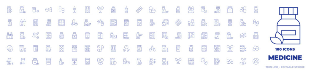 100 Medicine Icons Collection. Thin line icon. Editable stroke. pills, gaba, medicine, medicines, online pharmacy, vitamins, dropper, nasal spray, capsule, tablet