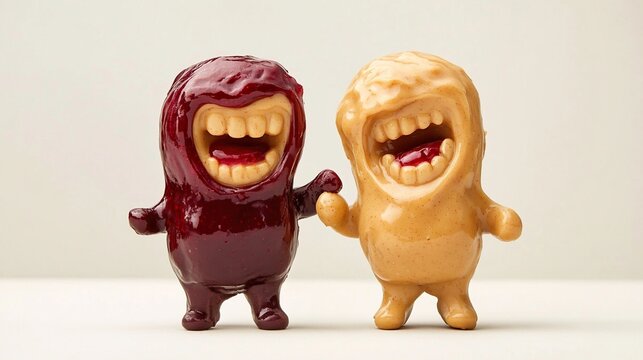 Two playful, food-like figures holding hands, one resembling jelly and the other peanut butter. - Powered by Adobe