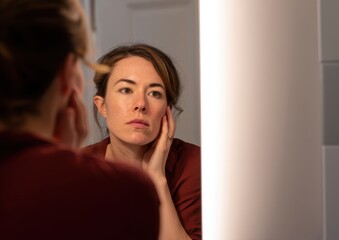 Fototapeta premium Caucasian woman examines reflection in bathroom mirror for skincare routine.
