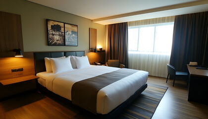 Comfortable bed with clean linens and pillows in the room