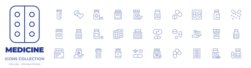 Medicine icons collection. Thin Line icons, editable stroke. medicine, natural medicine, alternative medicine, pills bottle, pills, capsules, vial, capsule