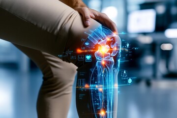 Fototapeta premium Anatomy of the leg on holographic display along with medical icons. Generative AI