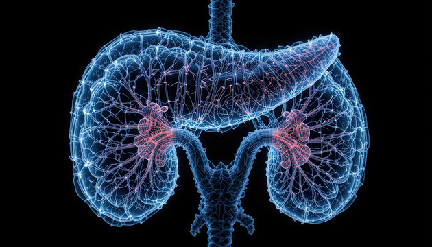 Interactive graphical representation of the interconnectedness of the pancreas and kidneys.