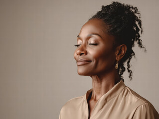 Serene State: A close-up portrait captures the tranquil beauty of a woman in a moment of quiet contemplation, her eyes gently closed as she embraces a sense of inner peace.