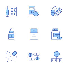 Medicine icons set. Line Duotone style, editable stroke. medicine, pills, capsule, drugs