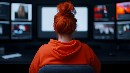 Woman with Red Bun in Orange Hoodie Working at a Multi-Screen Workstation