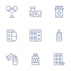 Medicine icons set. Thin Line style, editable stroke. medicine, nasal spray, tablet, pill, pills