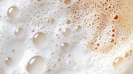 Close-up of frothy beer bubbles creating a textured surface, highlighting the rich texture and color of the drink.
