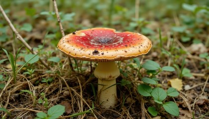 Photo of a colorful toadstool growing in an uncultivated forest meadow.