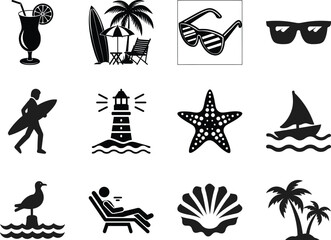 Obraz premium Black Silhouette Summer Icons Set with Tropical Beach, Seaside Elements on White