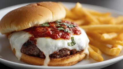 Side view of a juicy burger with melted mozzarella cheese and a side of thick-cut fries - cafe unhealthy junk tasty background