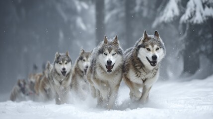 Fototapeta premium A team of Alaskan huskies, powerfully built, pulling a sled through snowy terrain - adventure strong white motion