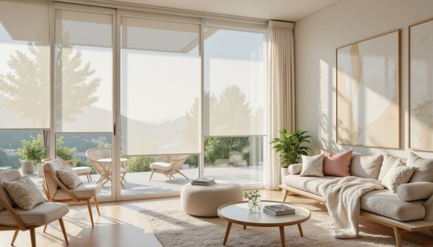 Photo of a smart home technology concept featuring custom window treatments automatically adjusting based on sunlight and temperat
