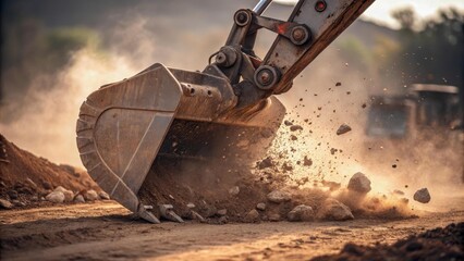 The steel bucket of an excavator crashes into the ground, raising a cloud of dust. The lumps of rock fly apart, yielding to the power of the machine. The process is fast, leaving a deep mark.