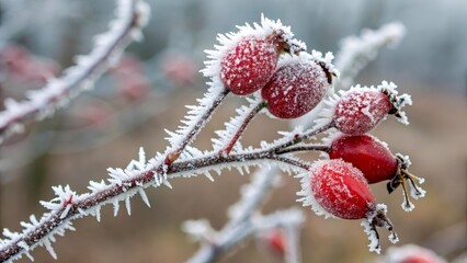 Rose hips covered with fragile ice crystals stand out brightly against the background of the winter landscape. Their rich red color creates an expressive contrast with the snow-white frost.