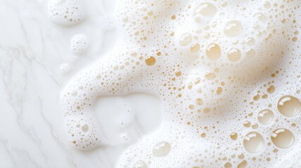 Close-up of soapy bubbles on a marble surface, showcasing cleaning textures and fresh aesthetics.