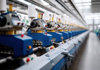 Fototapeta premium Close-up of textile machinery in a modern factory, showcasing precision and technology in action.