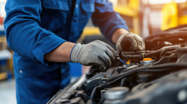 mechanic in blue uniform is working on car engine, using tools to perform maintenance. focus is on hands and engine components, showcasing professional environment