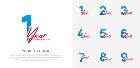 Anniversary logo set vector design, blue and red color for celebration event