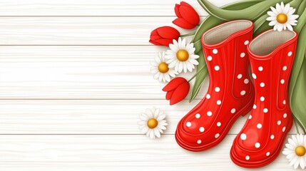 Red polka dot rain boots with tulips and daisies flower on white wooden background, with copy space