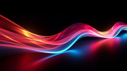 Naklejka premium Colored glowing waves abstract background. Bright smooth waves on a dark background. Decorative horizontal banner. Digital artwork raster bitmap illustration. AI artwork.