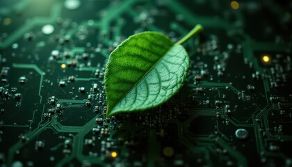 Beautiful illustration photo of a green leaf connected to an electronic computer board.