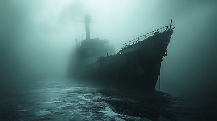 Obraz premium Haunted Seas Claim Another Ship Vanishing Into Dark Turbulent Fog Photo