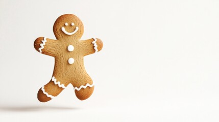 Happy gingerbread man cookie floating on white.