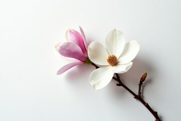 Obraz premium Single magnolia branch on a white surface with intricate details, calm, blossom