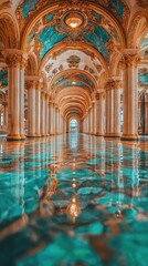 Naklejka premium A long ornate hall, decorated with gold and teal, reflected on a shiny surface