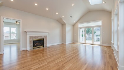 Fototapeta premium Photo of a beautiful living room interior in a new luxury home, featuring hardwood floors and a fireplace