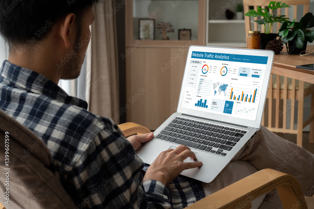Poster computer software for website traffic analytics data on computer screen. concept of seo search engin